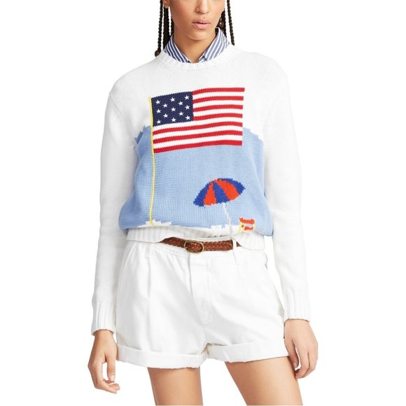 NEW Polo Ralph Lauren American Flag Beach Sweater in White Ivory | size M - Picture 2 of 10